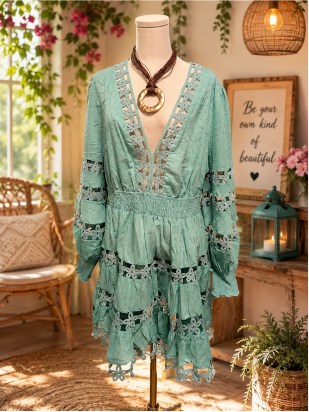 L'Atiste by Amy Seafoam Green Boho Cotton Lace Tiered Swiss Dot Dress NWT 1X